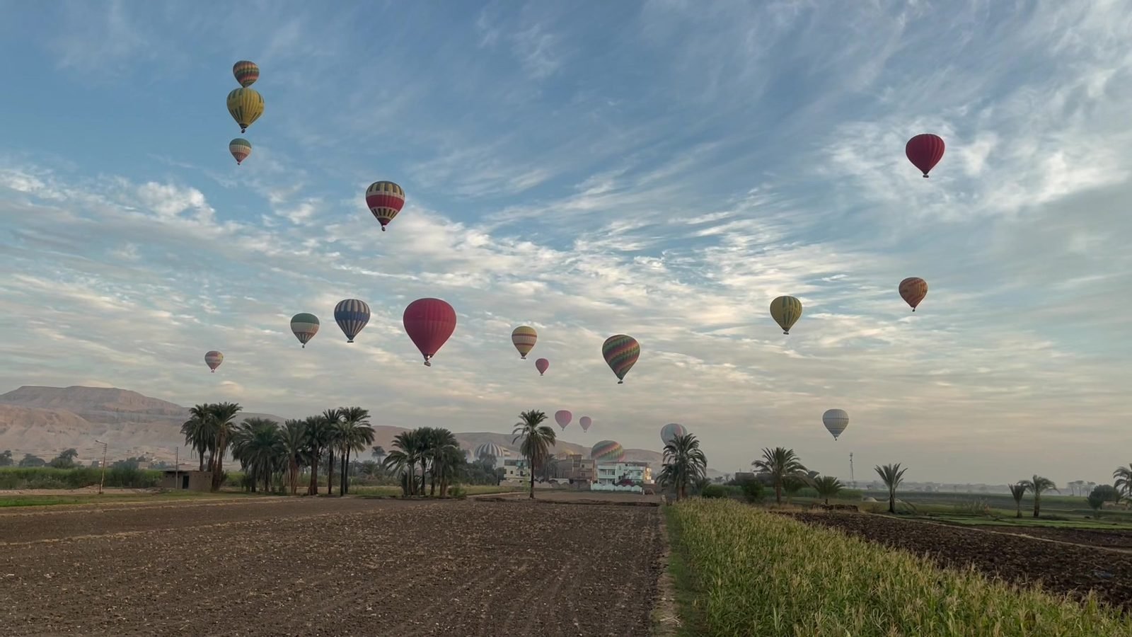 Hot air balloons over the West Bank at Luxor at sunrise