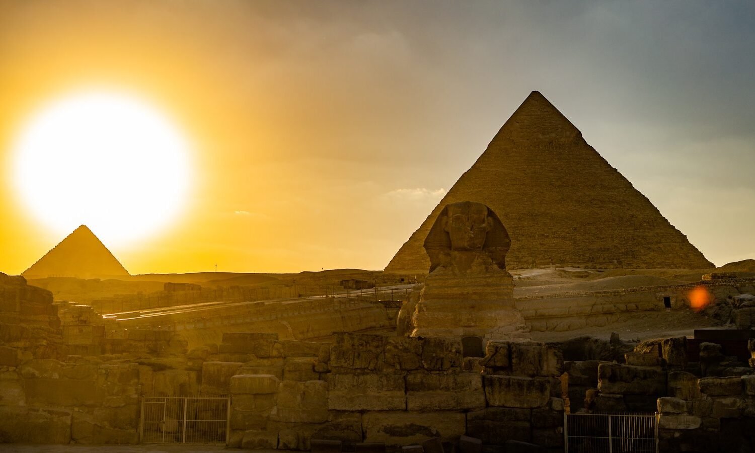 The Giza pyramids at sunrise, the first stop on an Egypt tour with a Nile cruise