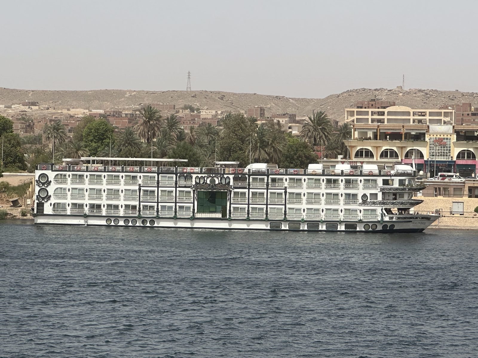 Nile cruise ships moored side by side at Aswan
