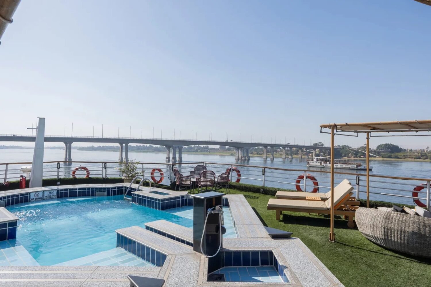 Pool and sunbeds on the Nile Excellence sundeck