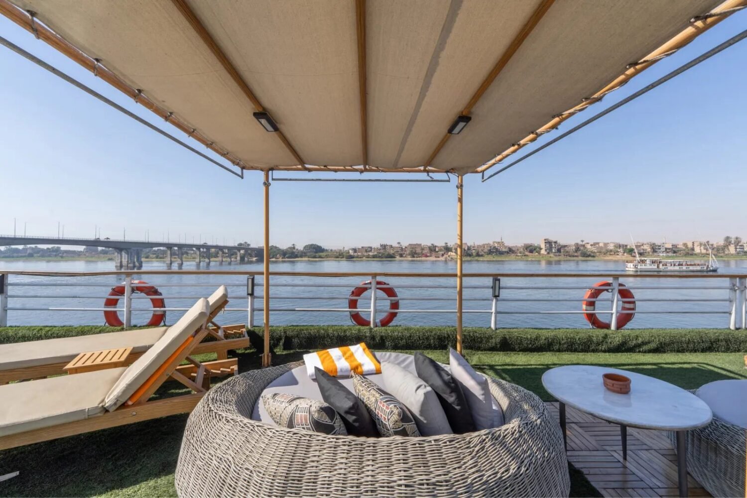 Shaded lounge seating on the Nile Excellence sundeck