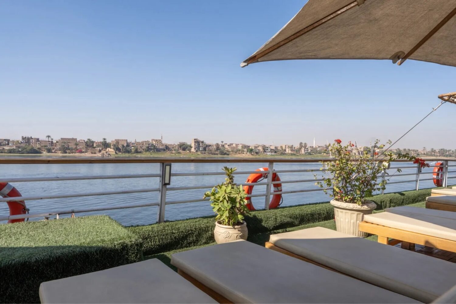 Sunbeds along the rail of the Nile Excellence