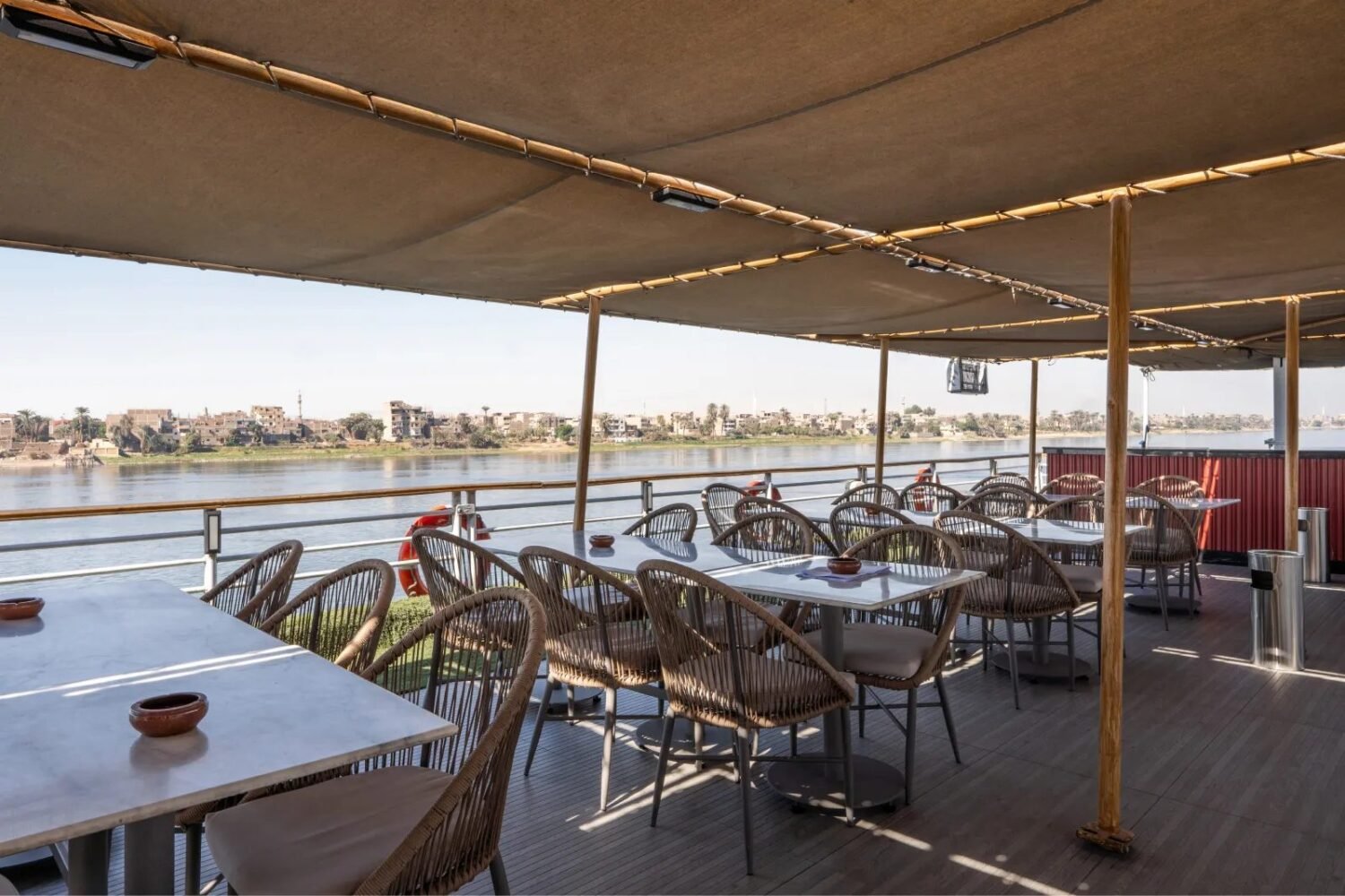 Shaded outdoor seating on the Nile Excellence