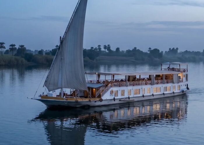 The Swan dahabiya under sail on the Nile at dusk