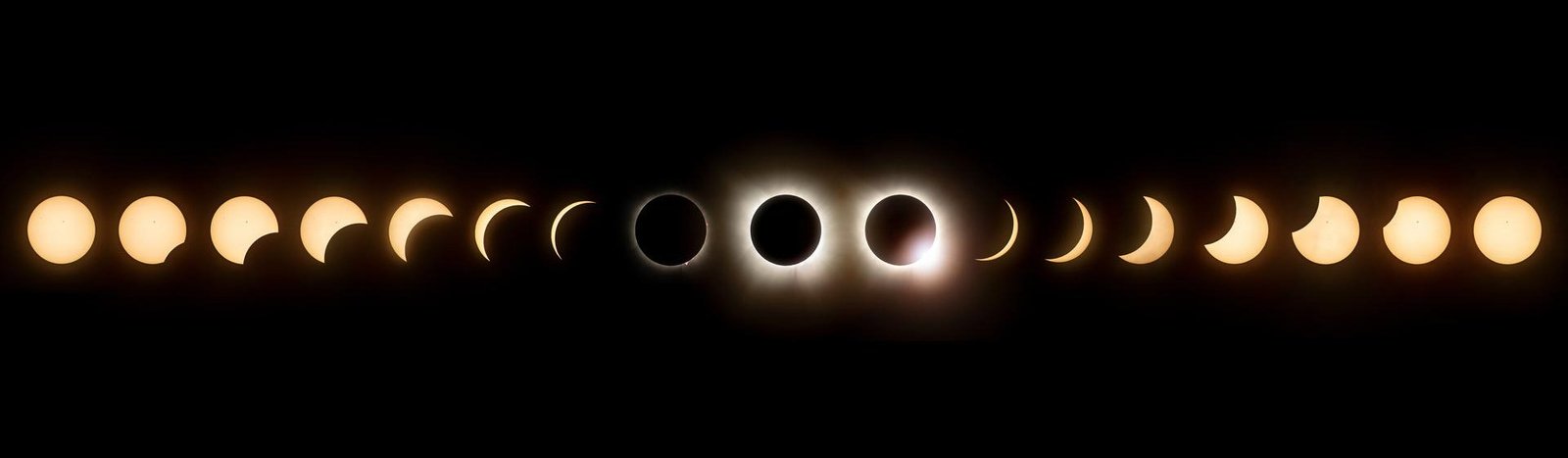 The phases of a total solar eclipse, from the first bite out of the Sun to totality and back