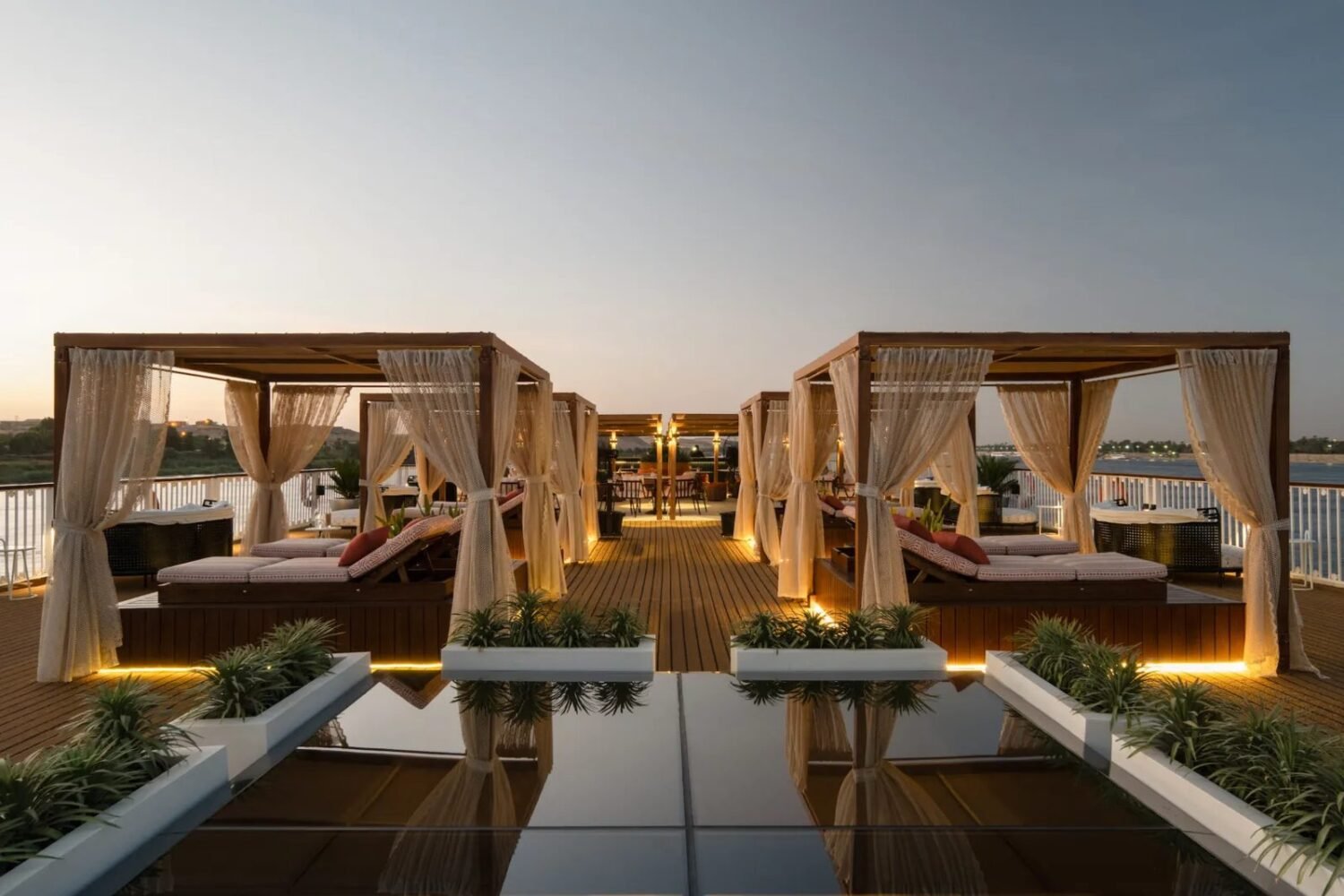 Shaded cabanas on the sundeck of Tulip Nile cruise